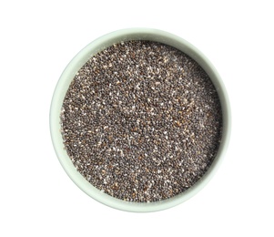 Photo of Bowl with chia seeds isolated on white, top view