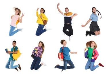 Image of Collage with photos of jumping teenagers on white background