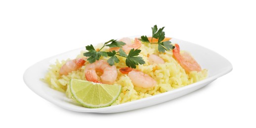 Photo of Delicious risotto with shrimps, lime and parsley isolated on white