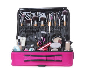 Photo of Stylish case with makeup products and beauty accessories on white background