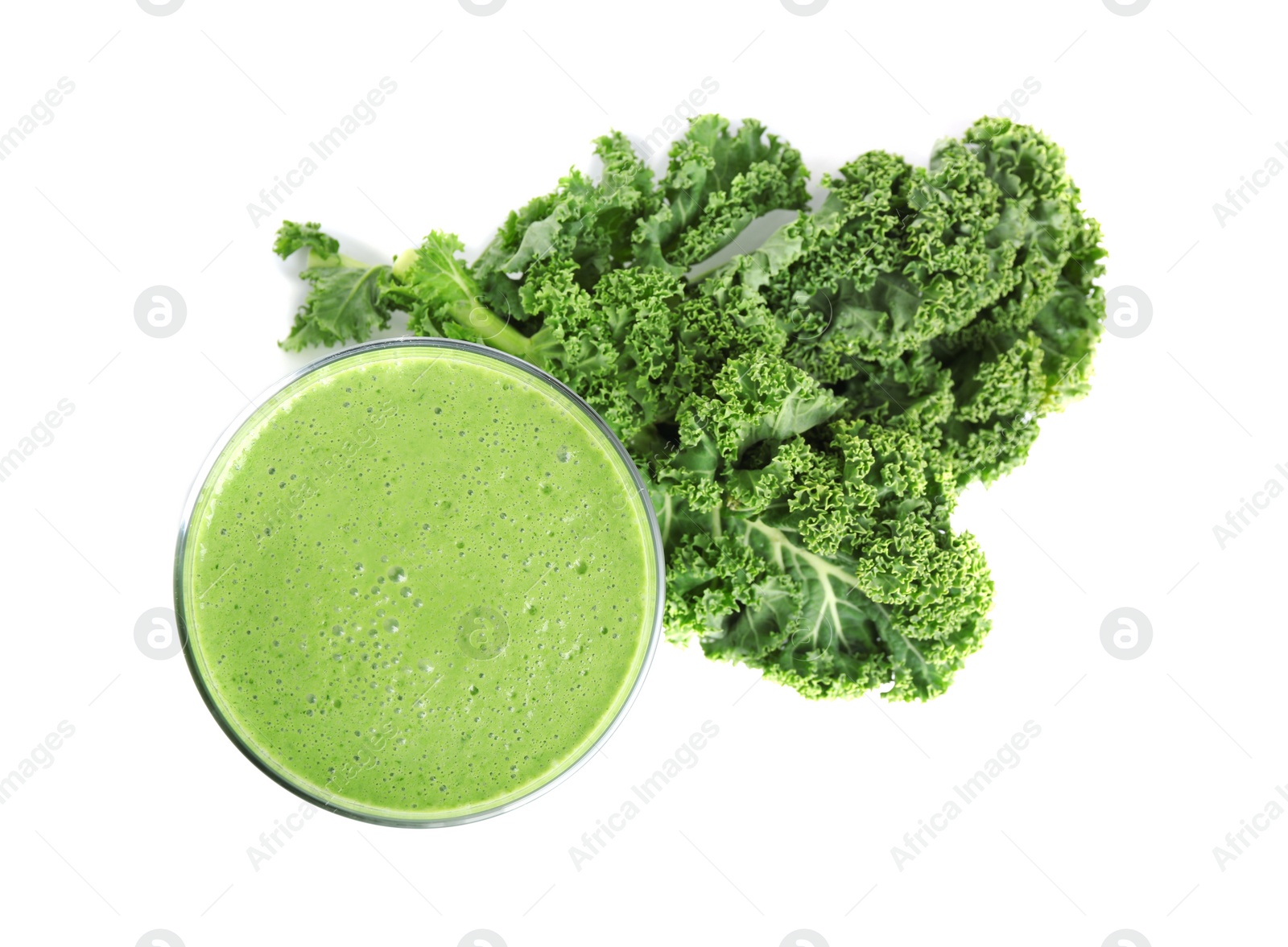 Photo of Tasty fresh kale smoothie on white background, top view