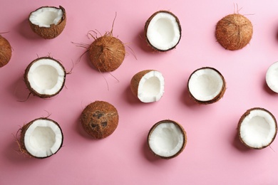 Photo of Coconut pattern on color background, flat lay