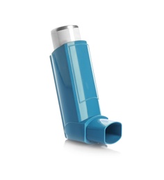 Photo of Portable asthma inhaler device on white background