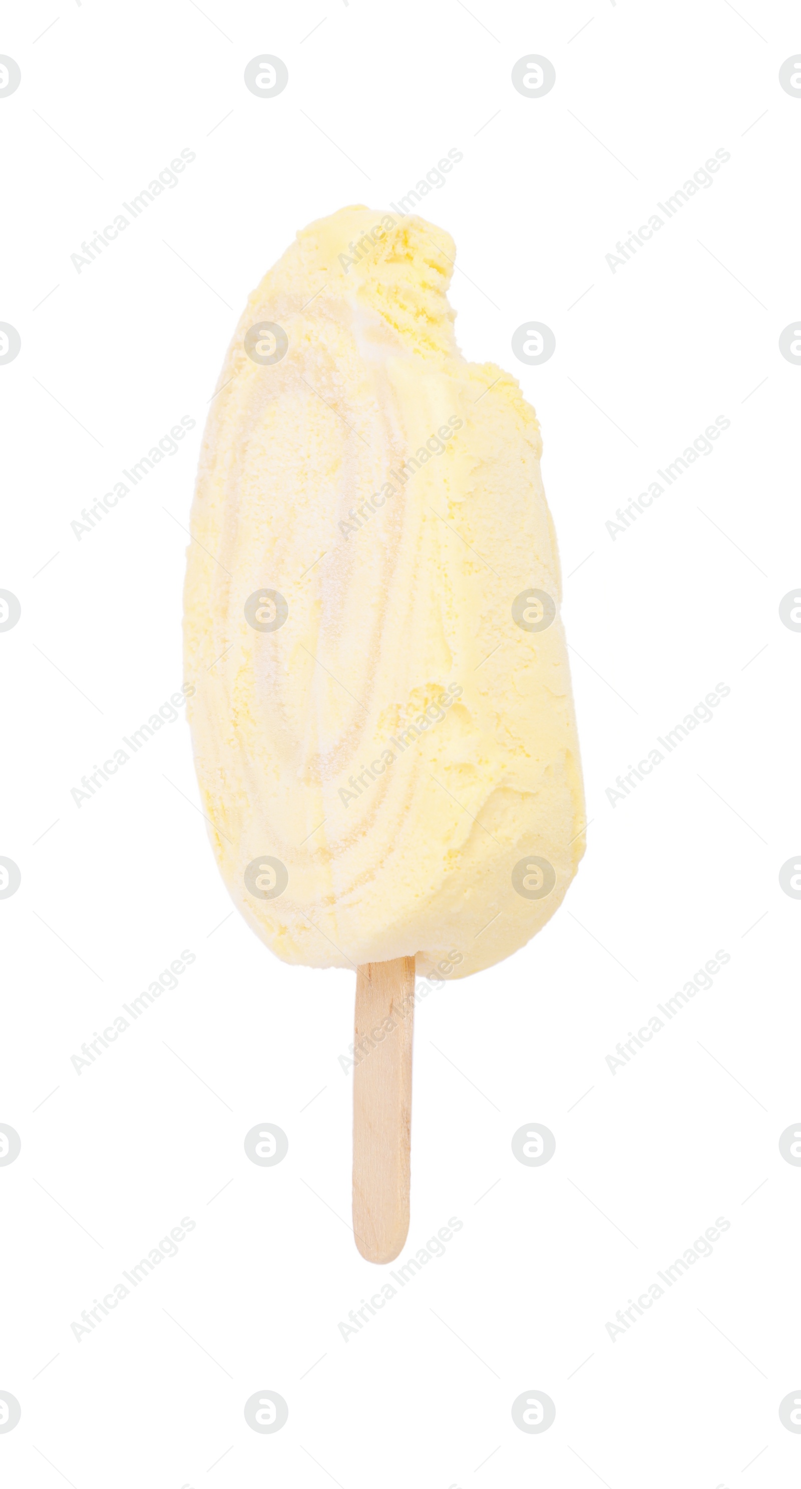 Photo of Delicious bitten ice cream bar isolated on white, top view