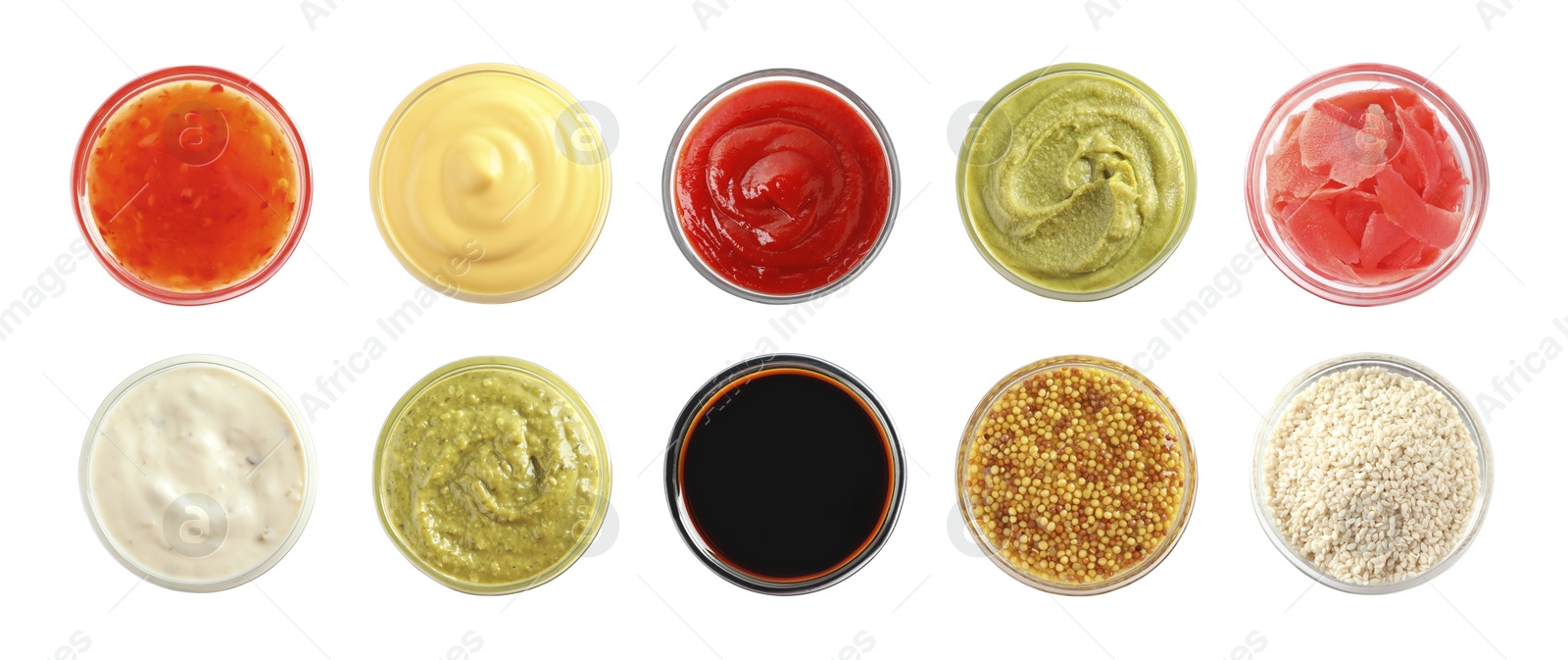 Image of Set of different delicious sauces and condiments on white background, top view. Banner design