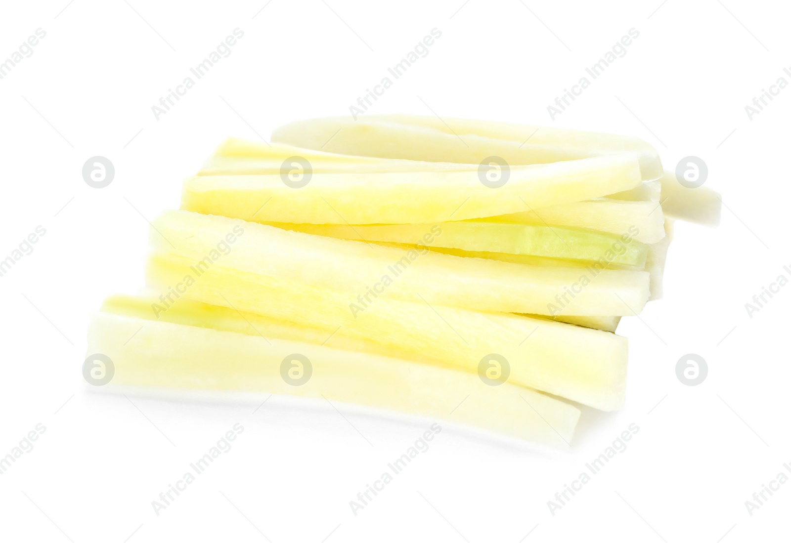 Photo of Tasty raw carrot sticks isolated on white