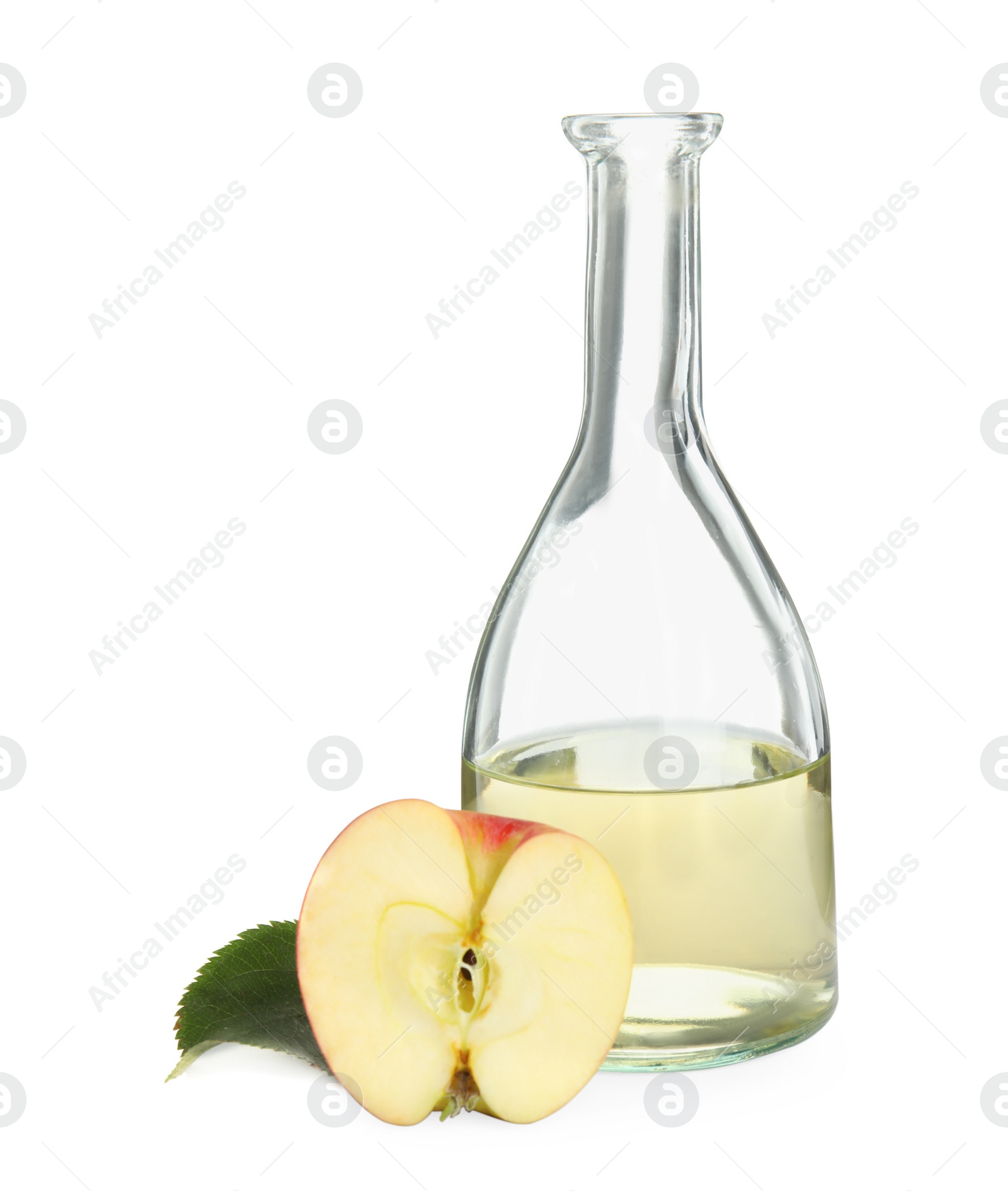 Photo of Natural apple vinegar and fresh fruit on white background