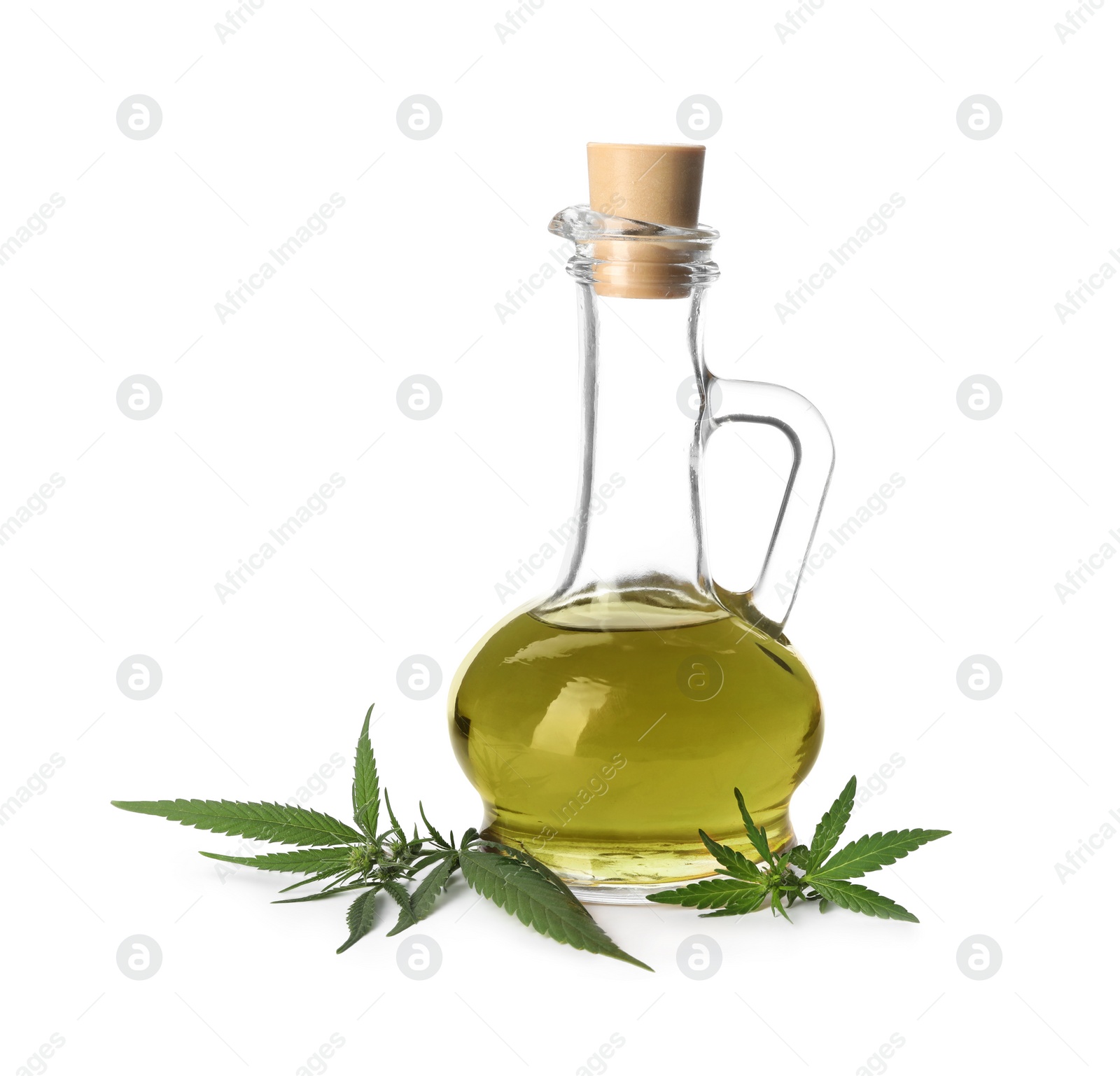 Photo of Jug with hemp oil and leaves on white background