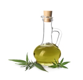 Photo of Jug with hemp oil and leaves on white background