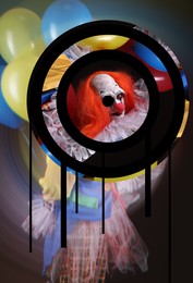 Image of Hallucinations. Scary clown with air balloons on dark background, distorted image