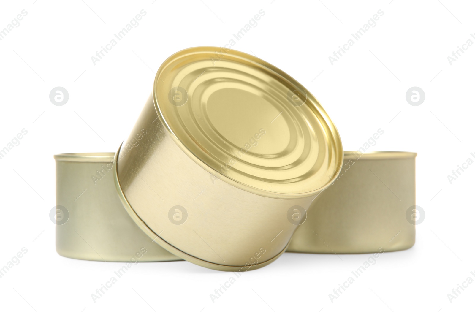 Photo of Closed tin cans isolated on white, mockup for design