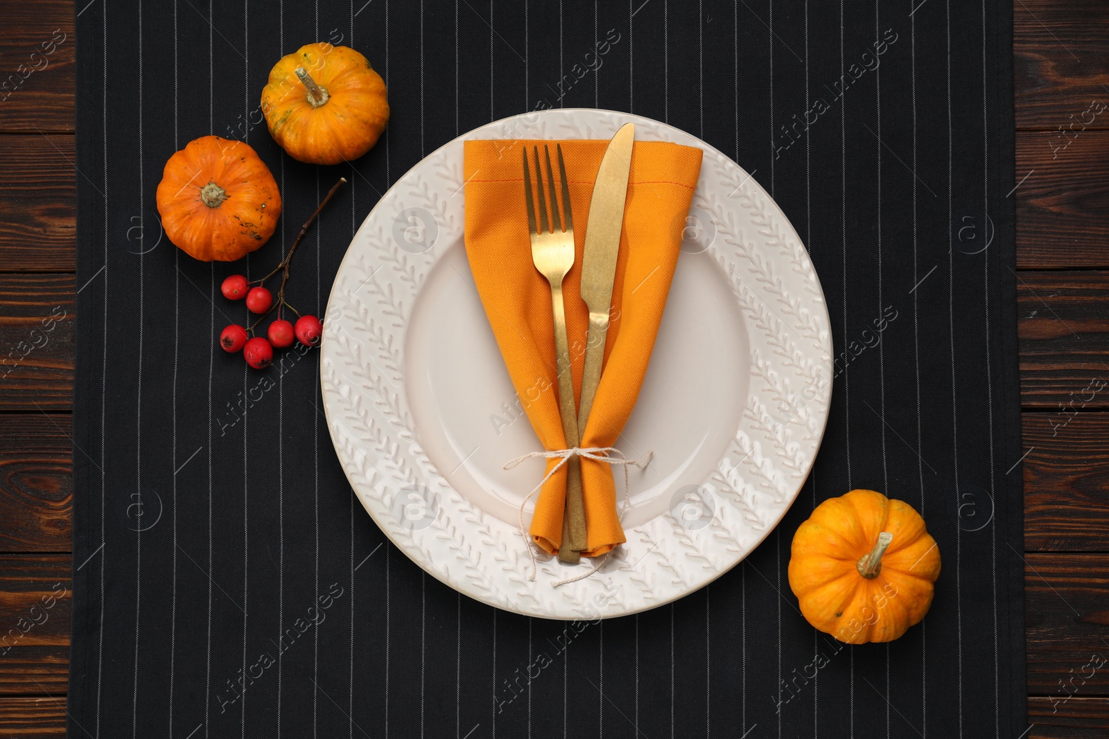 Photo of Autumn table setting and pumpkins, flat lay