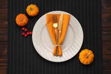 Photo of Autumn table setting and pumpkins, flat lay