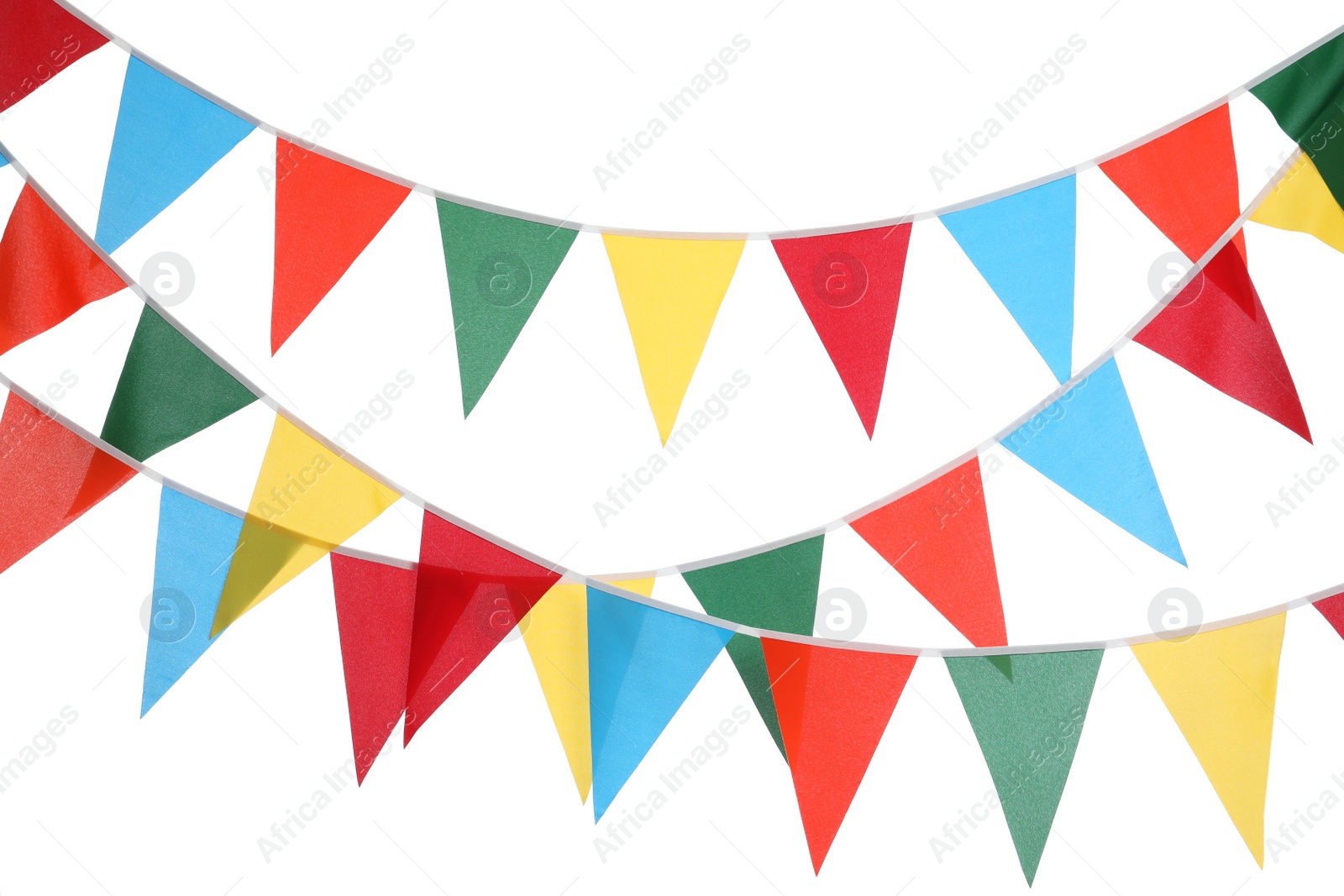 Photo of Buntings with colorful triangular flags on white background. Festive decor