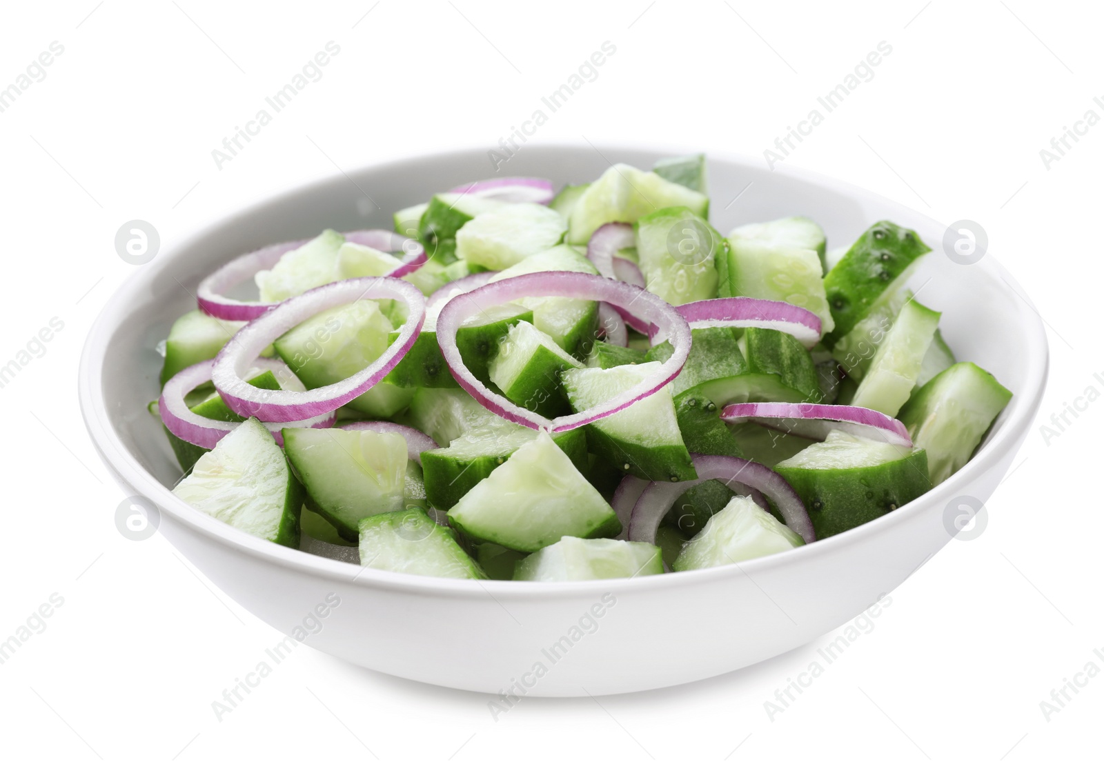 Photo of Delicious fresh cucumber onion salad in bowl on white background