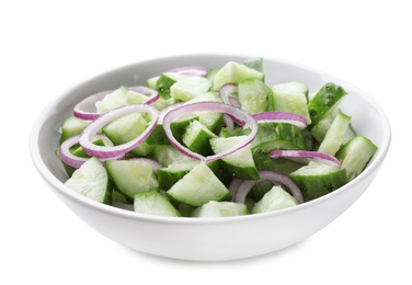 Delicious fresh cucumber onion salad in bowl on white background