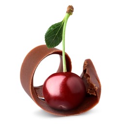Image of Fresh cherry and chocolate curl isolated on white