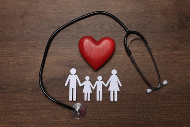 Paper family cutout, red heart and stethoscope on wooden background, flat lay. Insurance concept