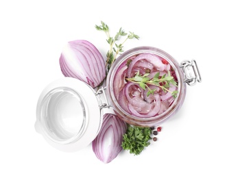 Photo of Jar of pickled onions on white background, top view