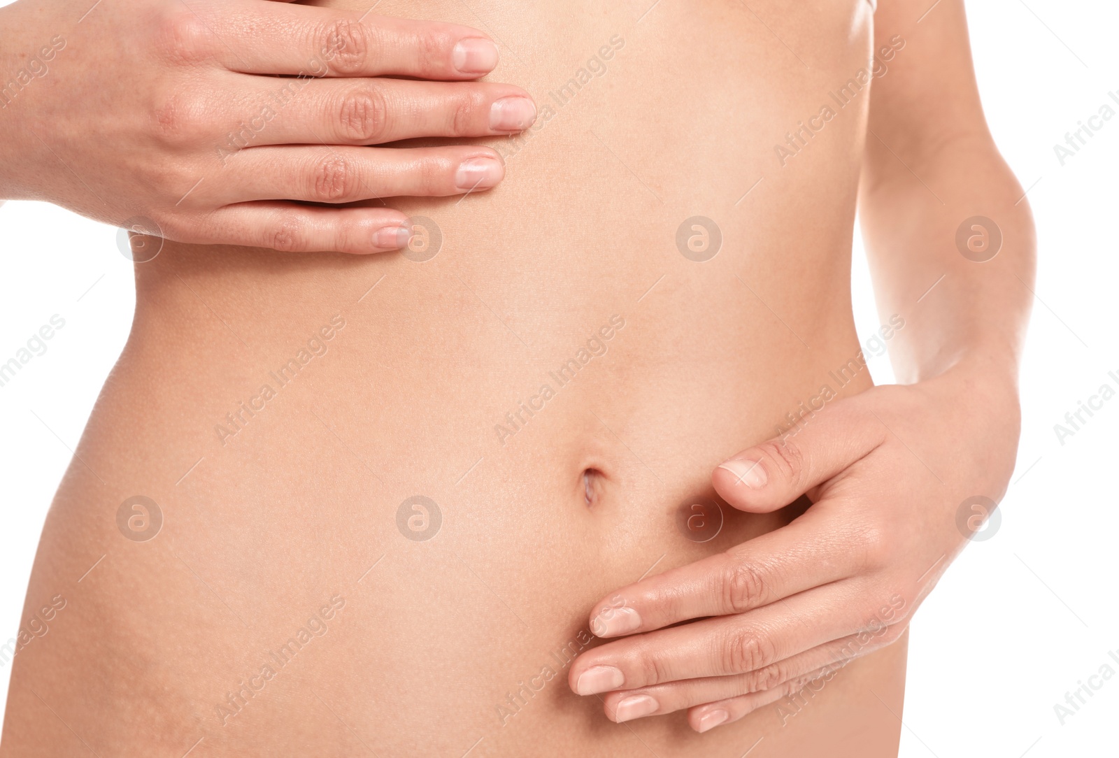 Photo of Slim young woman with smooth gentle skin on white background, closeup. Beauty and body care concept