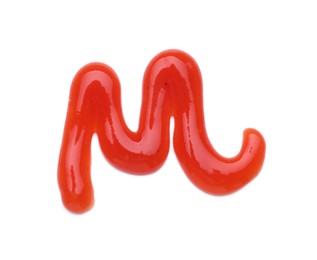 Photo of Tasty ketchup smear isolated on white, top view. Tomato sauce