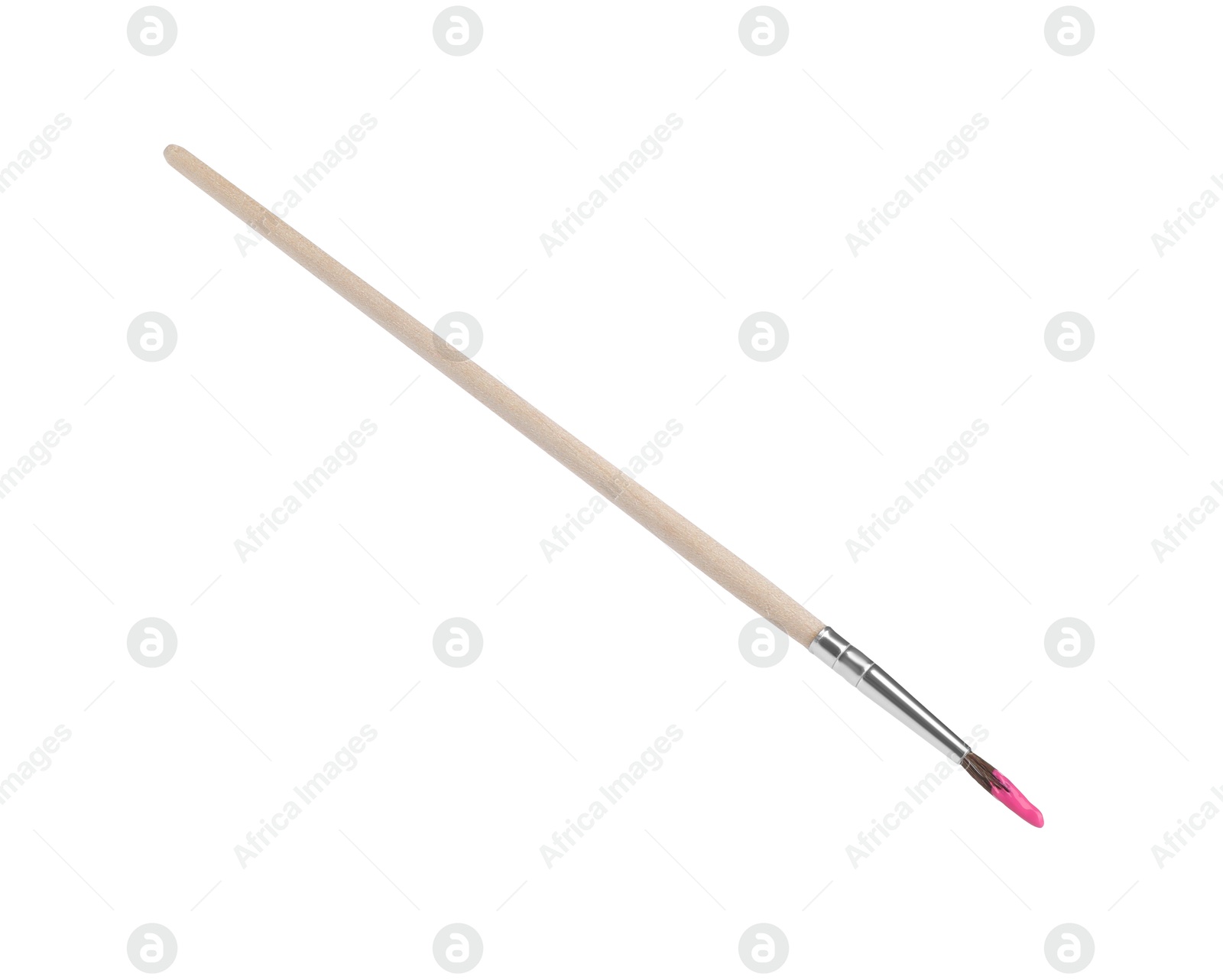 Photo of Wooden brush with pink paint isolated on white