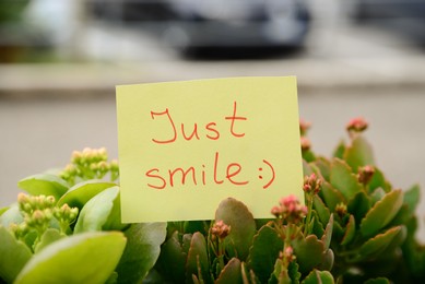 Photo of Note with handwritten text Just smile among beautiful plants against blurred background