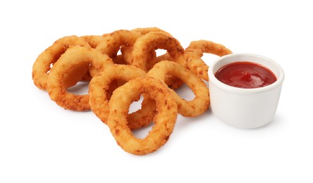 Photo of Tasty fried onion rings with ketchup on white background
