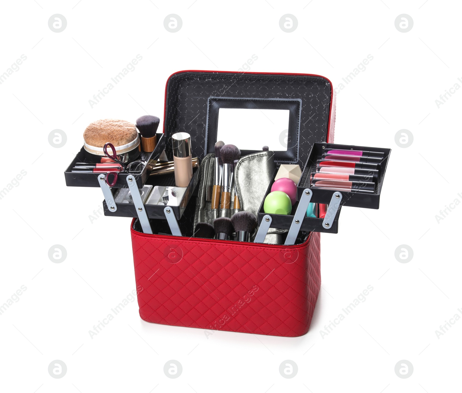 Photo of Stylish case with makeup products and beauty accessories on white background