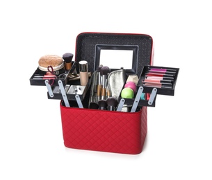 Photo of Stylish case with makeup products and beauty accessories on white background