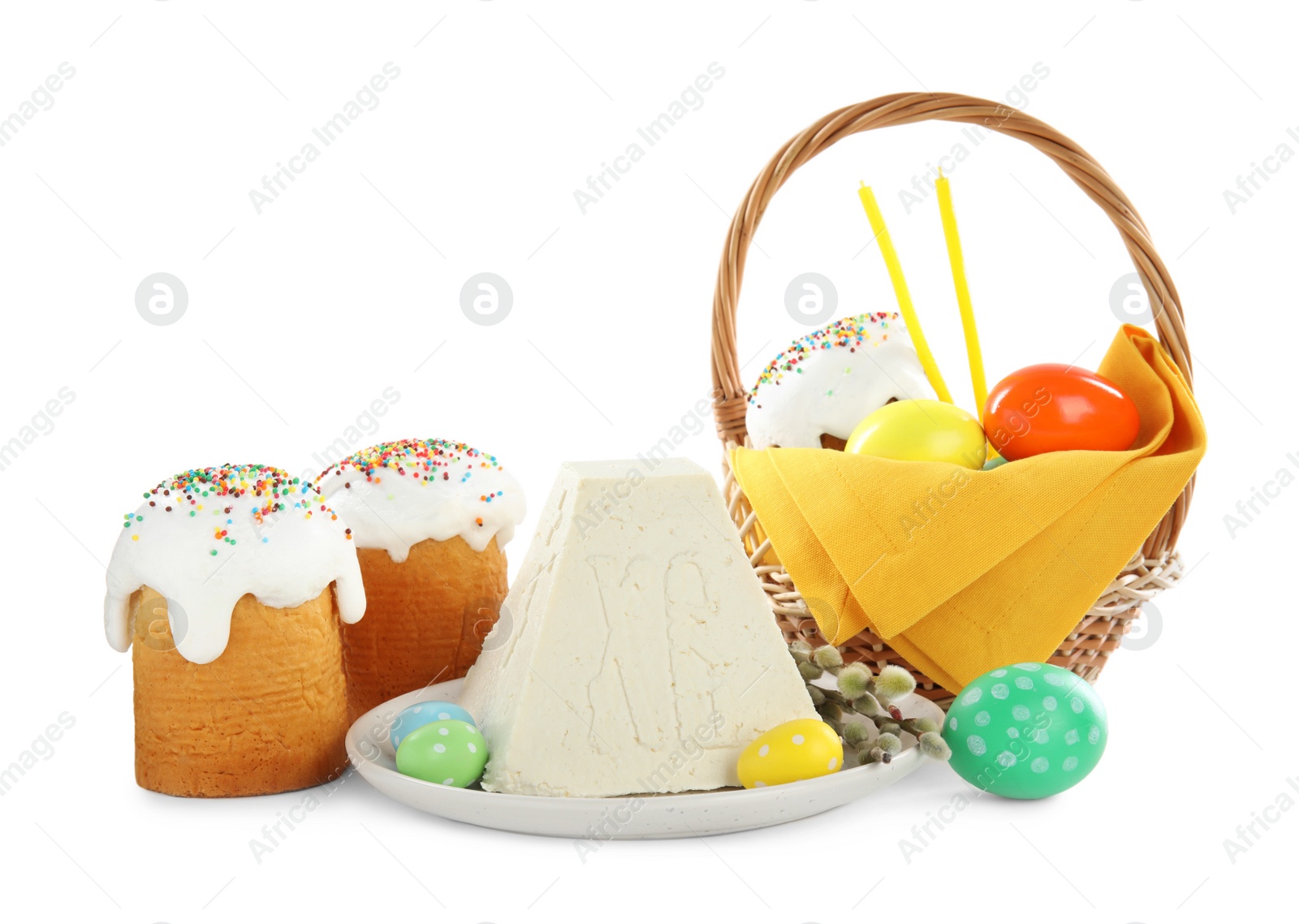 Photo of Composition with traditional cottage cheese Easter paskha on white background