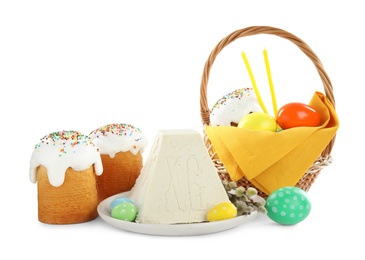 Photo of Composition with traditional cottage cheese Easter paskha on white background