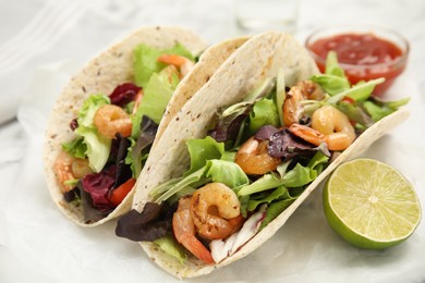 Photo of Delicious tacos with shrimps and lime on white table, closeup