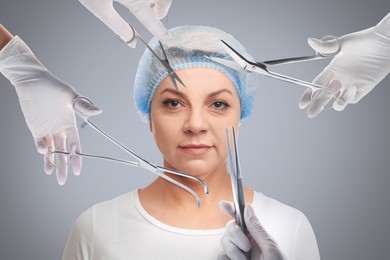 Image of Doctors with different instruments and mature woman on grey background, collage. Concept of plastic surgery 