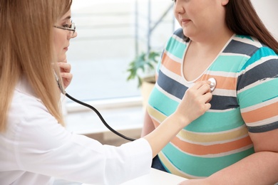 Photo of Female doctor listening to patient's heartbeat with stethoscope in clinic