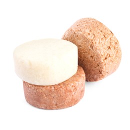 Solid shampoo bars on white background. Hair care