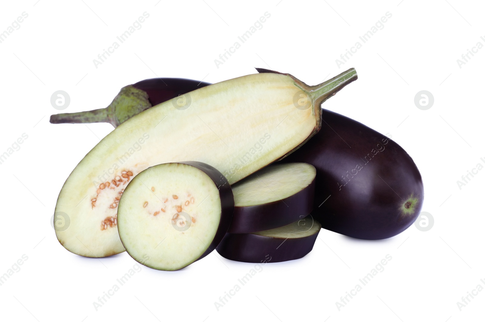 Photo of Cut and whole fresh ripe eggplants on white background