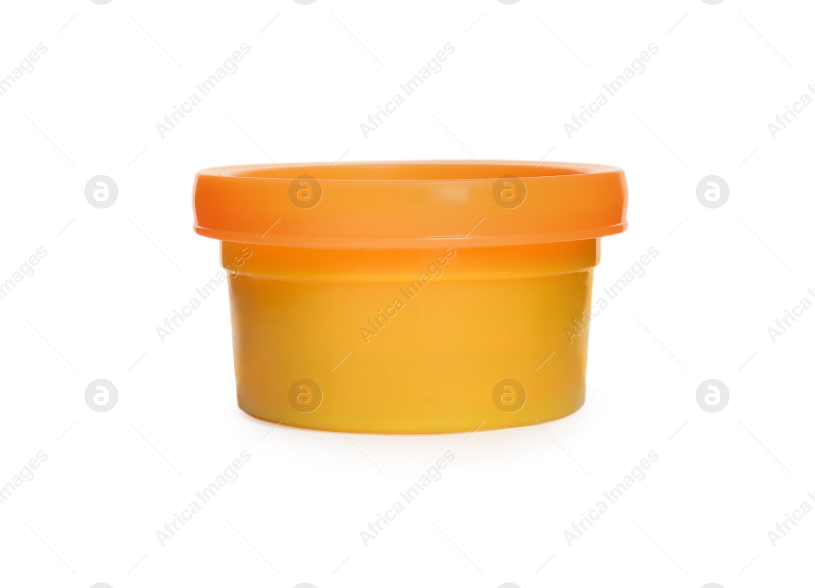 Photo of Plastic container of colorful play dough isolated on white