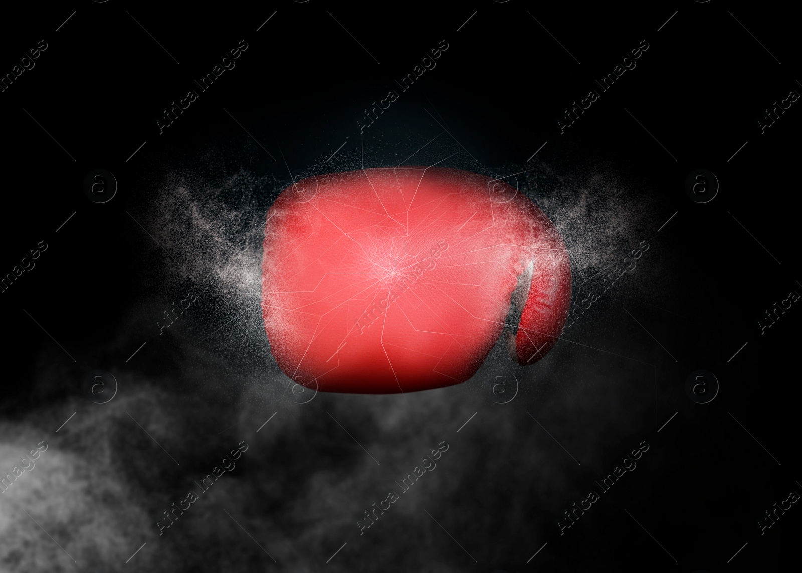 Image of Red boxing glove and smoke on black background