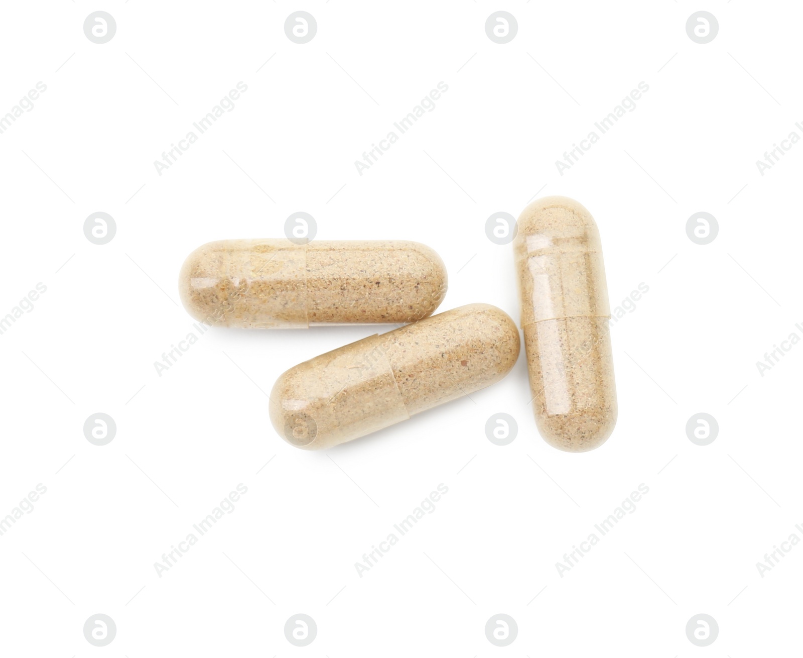 Photo of Vitamin capsules isolated on white, top view. Health supplement