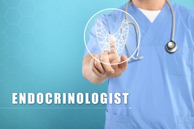 Image of Endocrinologist touching thyroid gland illustration on virtual screen against on light blue background, closeup. Space for text