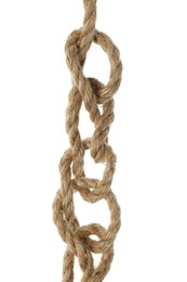 Photo of Hemp rope with knots on white background