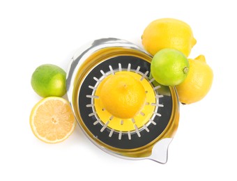 Photo of Metal juicer, fresh lime and lemons on white background, top view