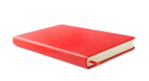 Photo of Stylish red hardcover notebook isolated on white. Office stationery