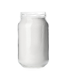 Photo of Organic flour in glass jar isolated on white