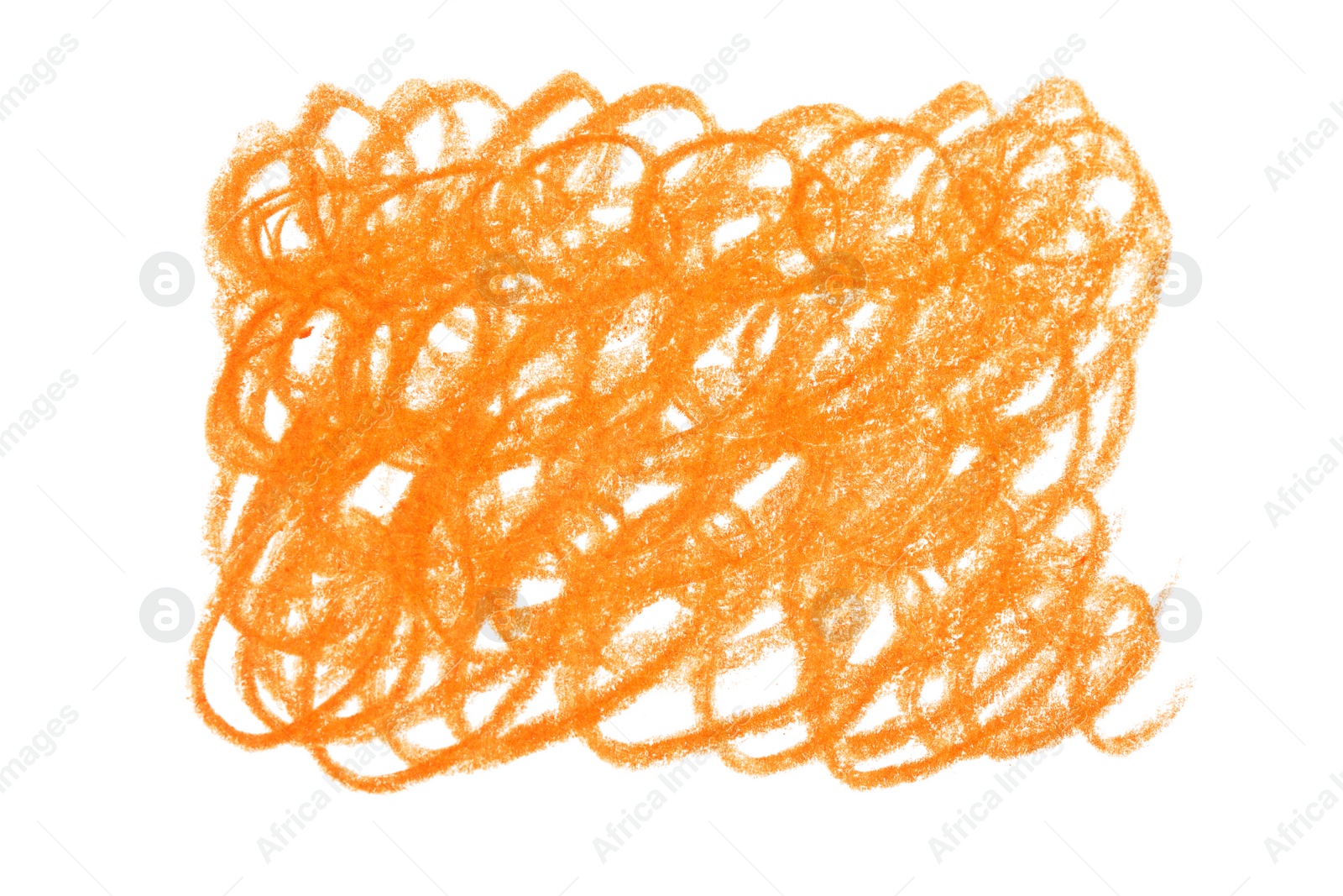 Photo of Orange pencil scribble on white background, top view