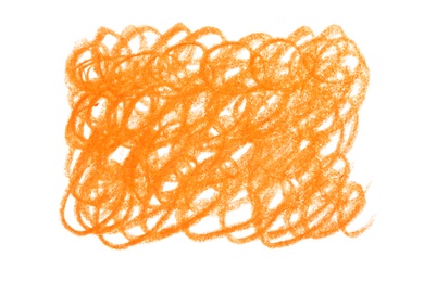 Photo of Orange pencil scribble on white background, top view