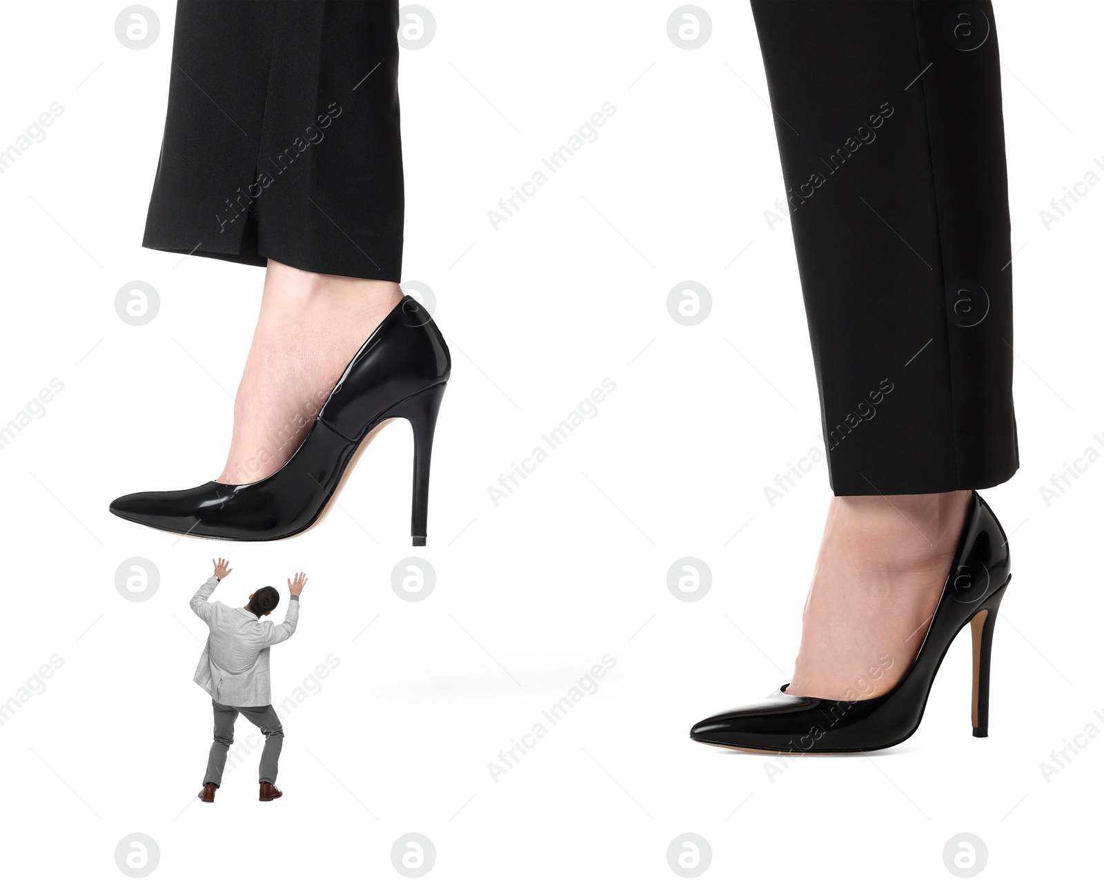 Image of Big woman stepping onto small man on white background