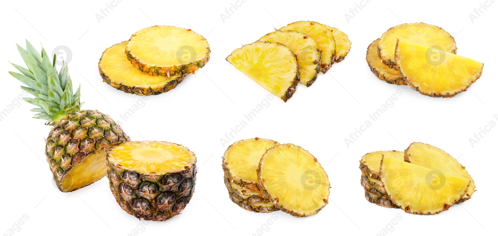 Image of Set with slices of juicy pineapple on white background