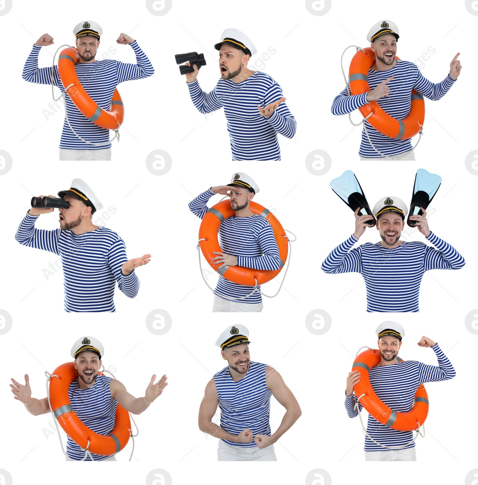 Image of Collage with photos of sailor on white background